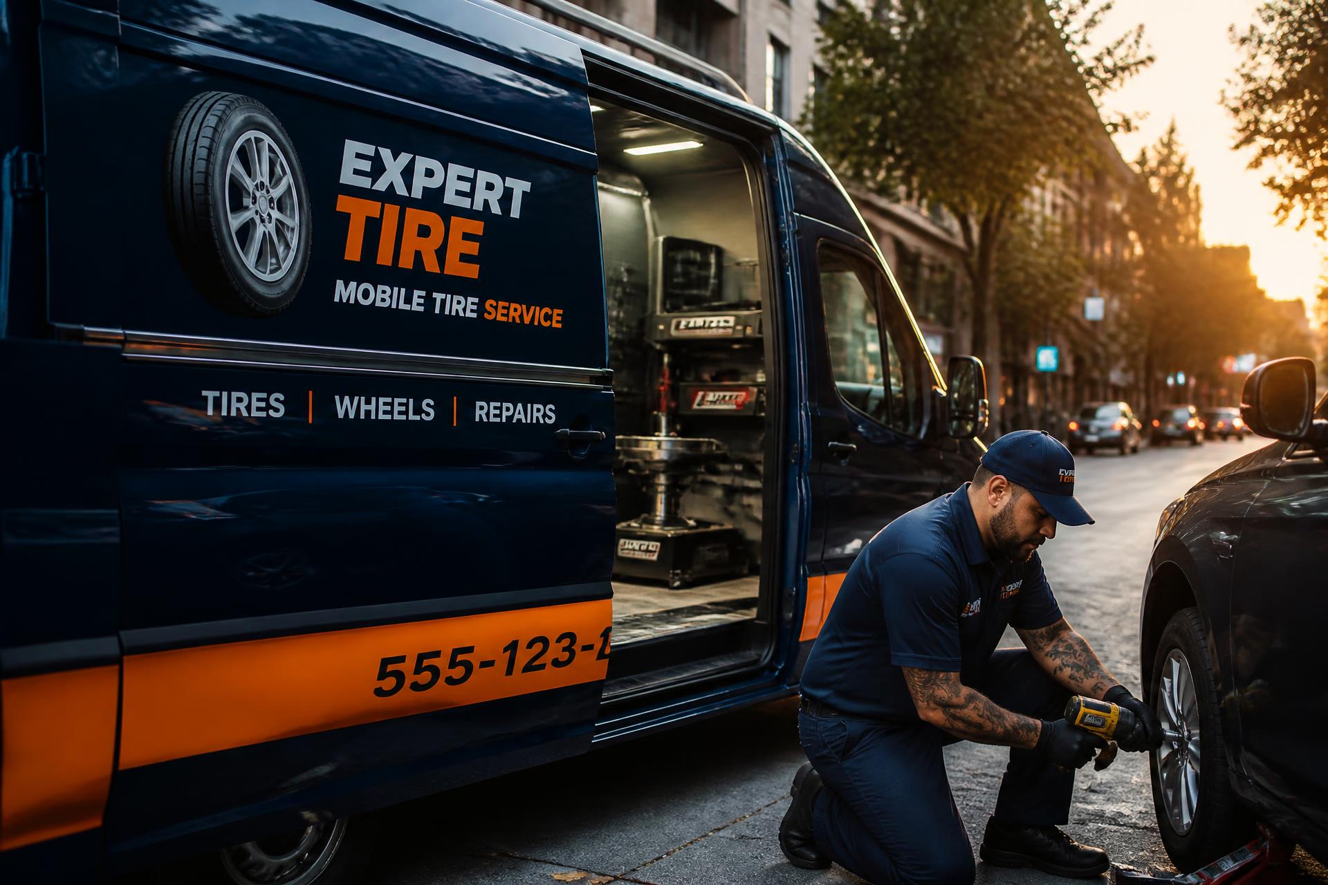 Mobil lastik servis teknisyeni yol kenarında lastik değiştiriyor